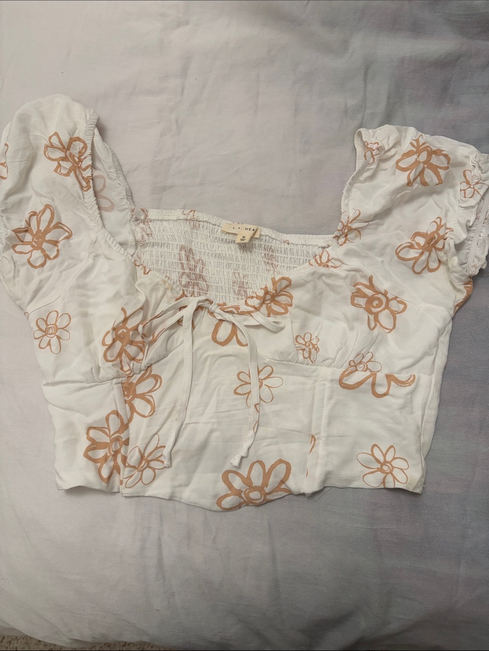White Puff-Sleeve Crop Top with Peach Floral Print